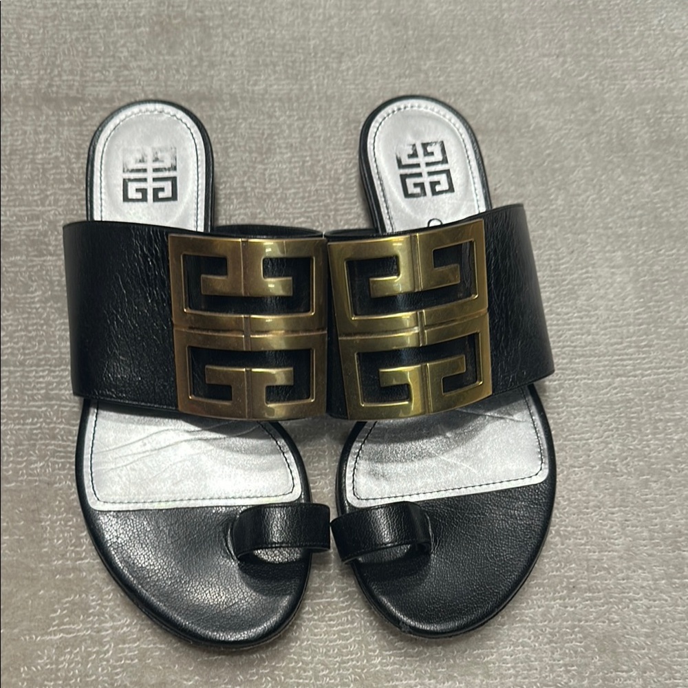Black and Gold Slide Sandals